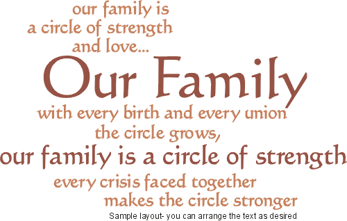 Sizes listed are for the "our family is a circle of strength" line, 